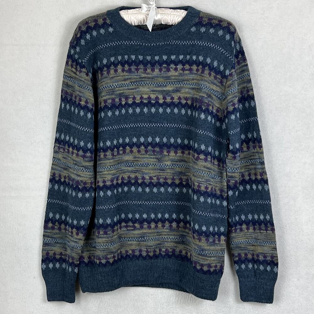 Novica Sweater Large Men's 100% Alpaca Peruvian Crew Neck Blue Multicolor